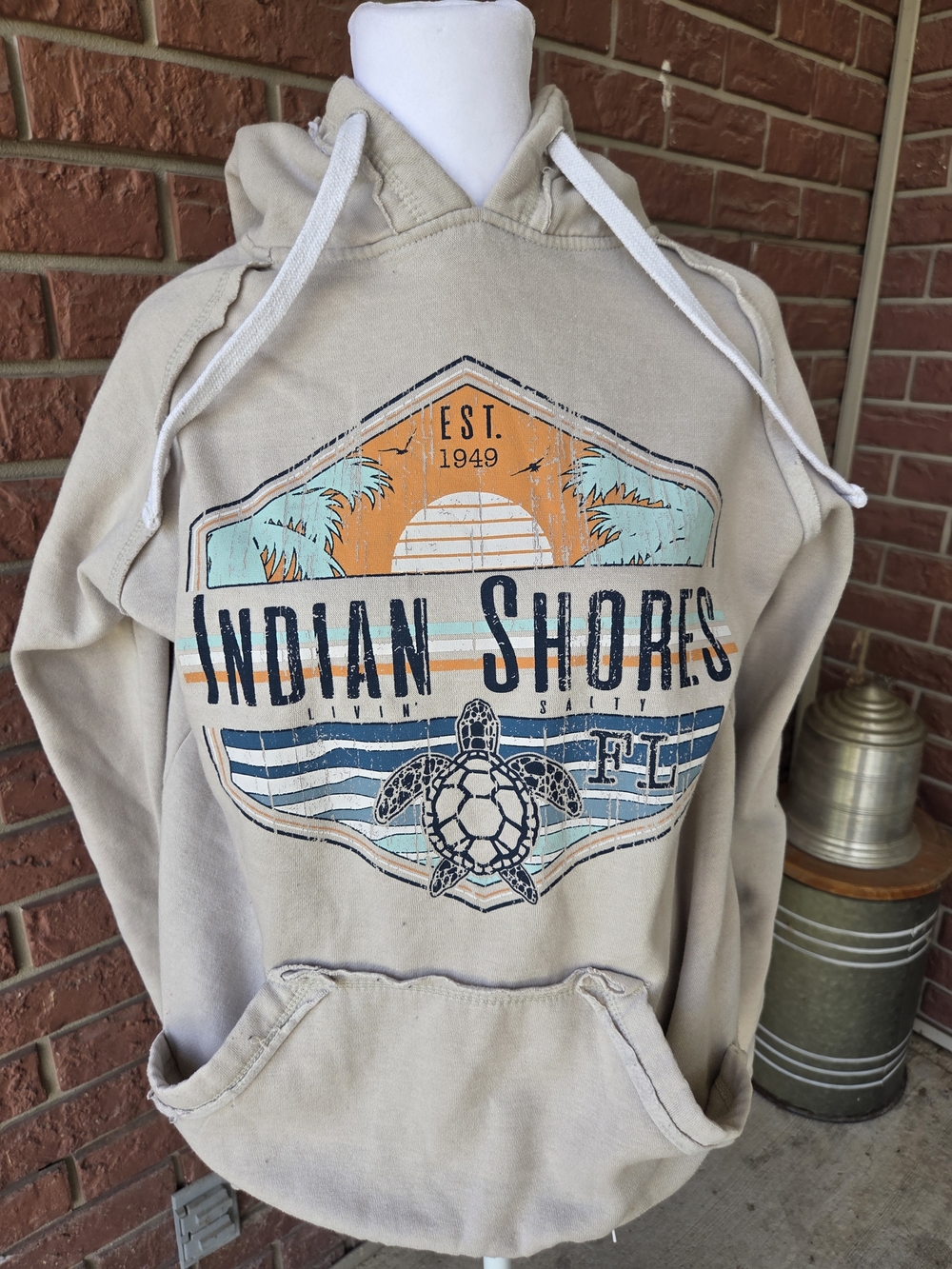 Indian Shores Graphic Hoodie - Beige with Teal & Orange Print